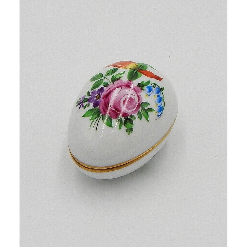 Herend Hungry Egg Shaped Trinket Box Hand-Painted Rose Bluebell 6053/BT